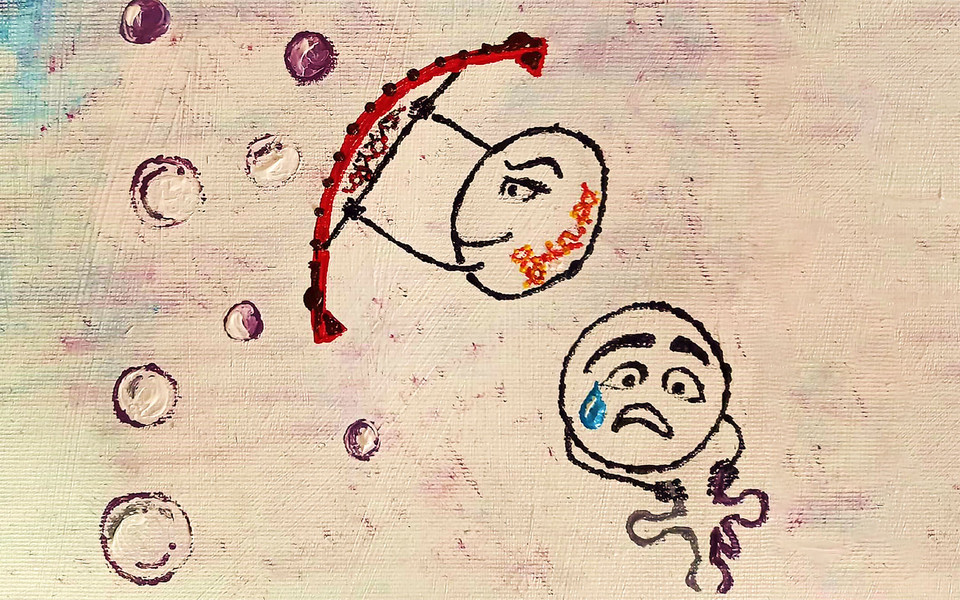 The emergence of oxygen in the ancient Earth posed a great challenge for enzymes evolved to function under anaerobic conditions. One such enzyme is the RNA ligase RTCB – pictured bottom right, struggling to join tRNA halves. To endure oxidative conditions, RTCB co-evolved with the dedicated protector PYROXD1 (depicted holding a shield). PYROXD1 utilizes the flavin molecule (represented in orange) and the cofactor NAD(P)+ (red) to shield RTCB from oxygen and reactive oxygen species (air bubbles), which would together with copper ions (violet balls) cause RTCB inactivation, abrogating tRNA biogenesis and stress response. (c) Tanja Asanovic